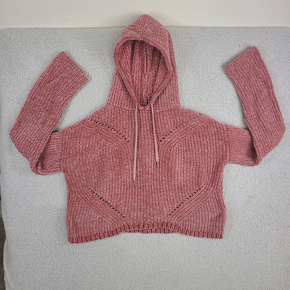 Derek Heart Womens Chenille Knit Crop Hoodie Sweater Mauve Pink Hooded Size L